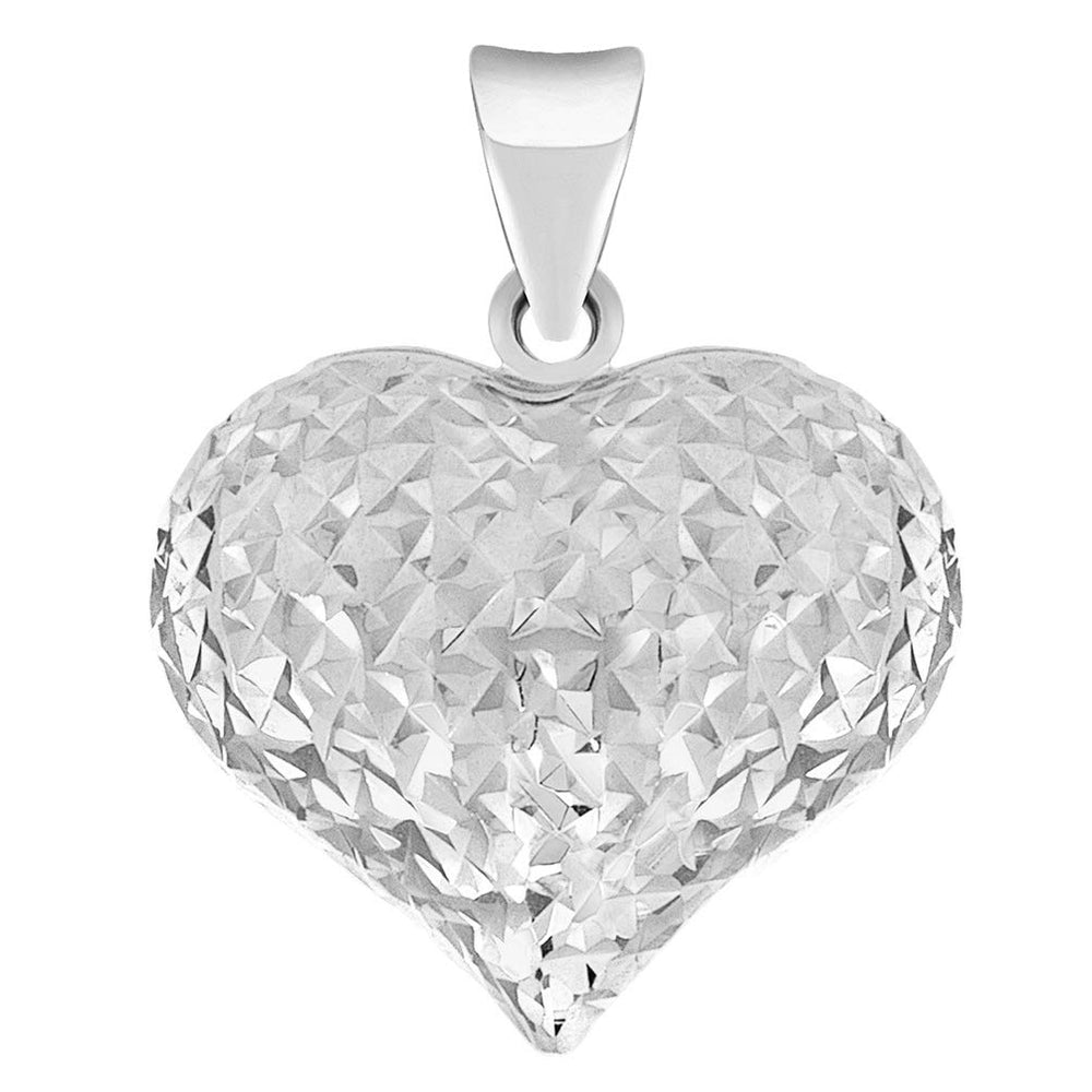 14k White Gold Sparkle Cut Puffed Heart Charm Pendant