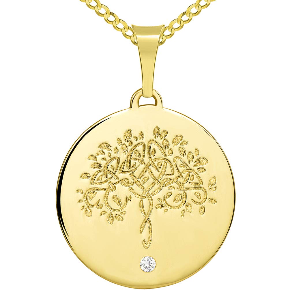 14k Solid Gold Hand Engraved Tree of Life CZ Round Medallion Pendant with Cuban Chain Necklace - Yellow Gold