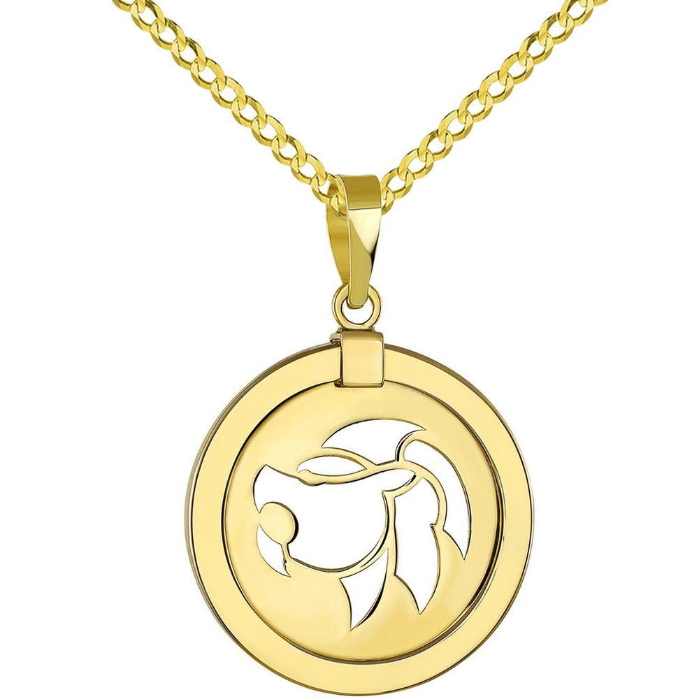 High Polished 14K Yellow Gold Reversible Significant Round Lion Leo Zodiac Sign Pendant with Cuban Chain Necklace
