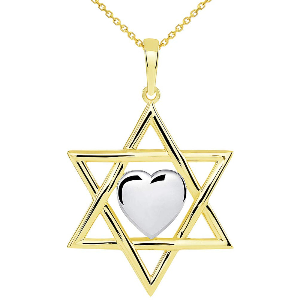 14k Yellow Gold Jewish Love Star of David with Heart Pendant Necklace