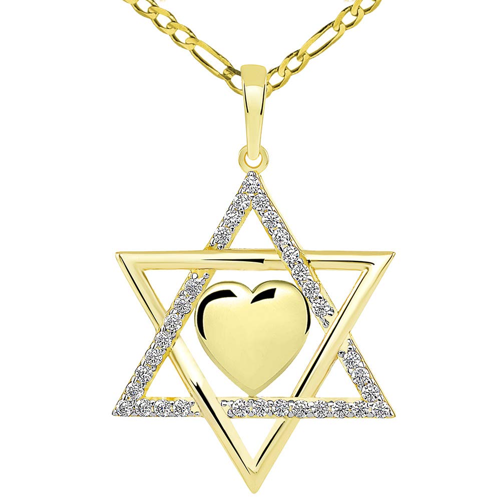 14k Yellow Gold Jewish Love CZ Star of David with Heart Pendant Figaro Necklace