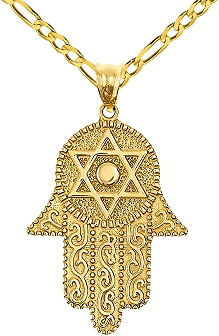 14k Solid Yellow Gold Hamsa Hand with Star of David Pendant Figaro Chain Necklace