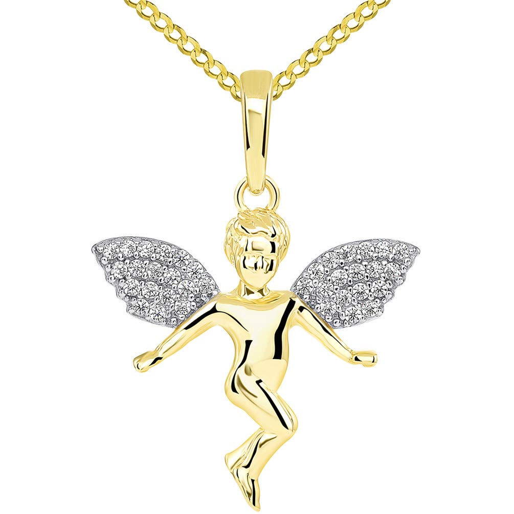 14k Yellow Gold Floating Guardian Angel with Micro Pave CZ Wings Pendant Cuban Chain Necklace