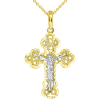 Load image into Gallery viewer, Solid 14k Two Tone Gold Filigree Eastern Orthodox Cross Crucifix Pendant Necklace
