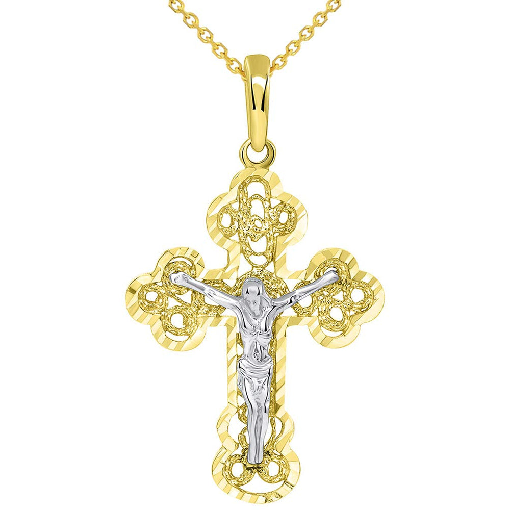 Solid 14k Two Tone Gold Filigree Eastern Orthodox Cross Crucifix Pendant Necklace