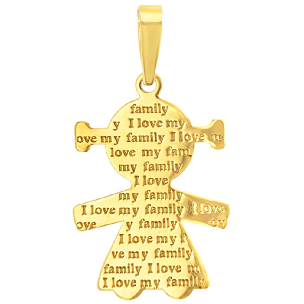 14K Yellow Gold Little Girl Charm with I Love My Family Engraved Script Pendant
