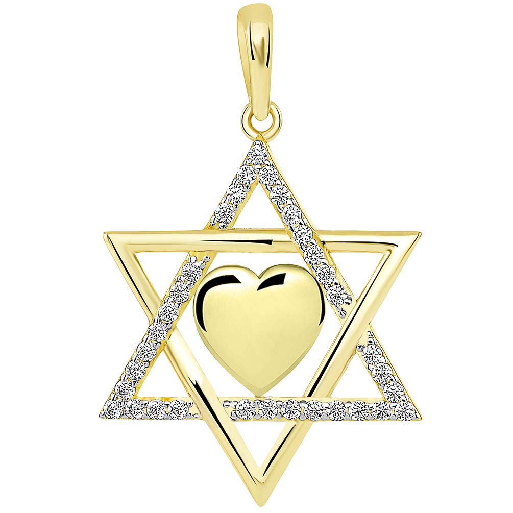 14k Yellow Gold Jewish Love CZ Star of David with Heart Pendant