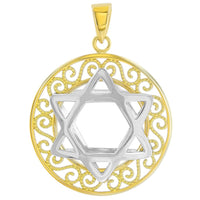 Load image into Gallery viewer, Polished 14K Two Tone Gold Round Filigree Star of David 3D Charm Pendant Figaro Necklace
