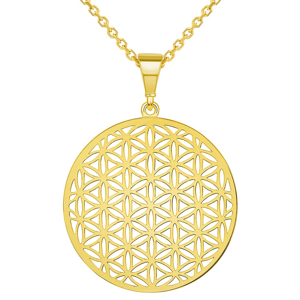 14k Yellow Gold Flower of Life Round Medallion Pendant Necklace