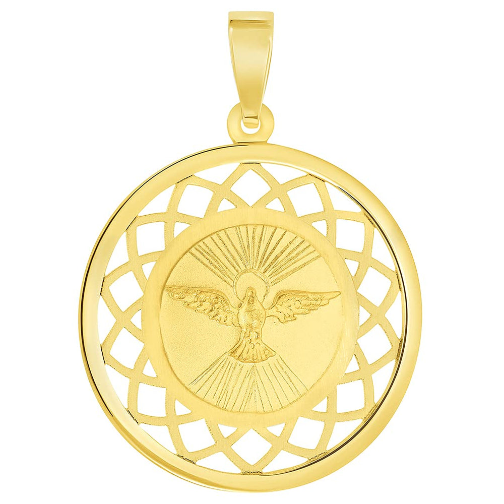 14k Yellow Gold Holy Spirit Dove Religious Round Open Ornate Medal Pendant (1")