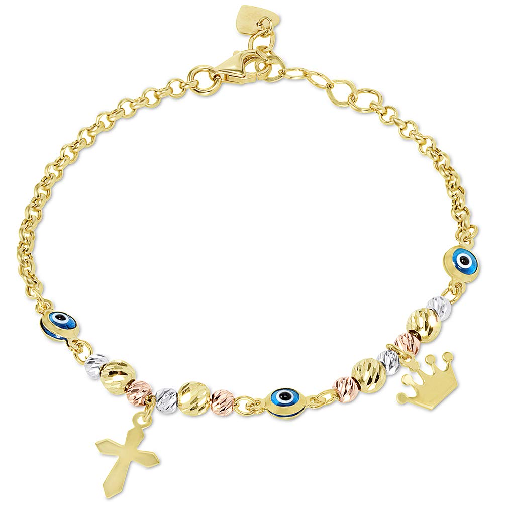 14k Tri-Color Gold Textured Bead Blue Evil Eye Bracelet with Dangling Religious Cross and Crown Charm