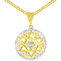 Load image into Gallery viewer, Solid 14K Gold Round Filigree Star of David with Chai Symbol Pendant Cuban Chain Necklace - Yellow Gold
