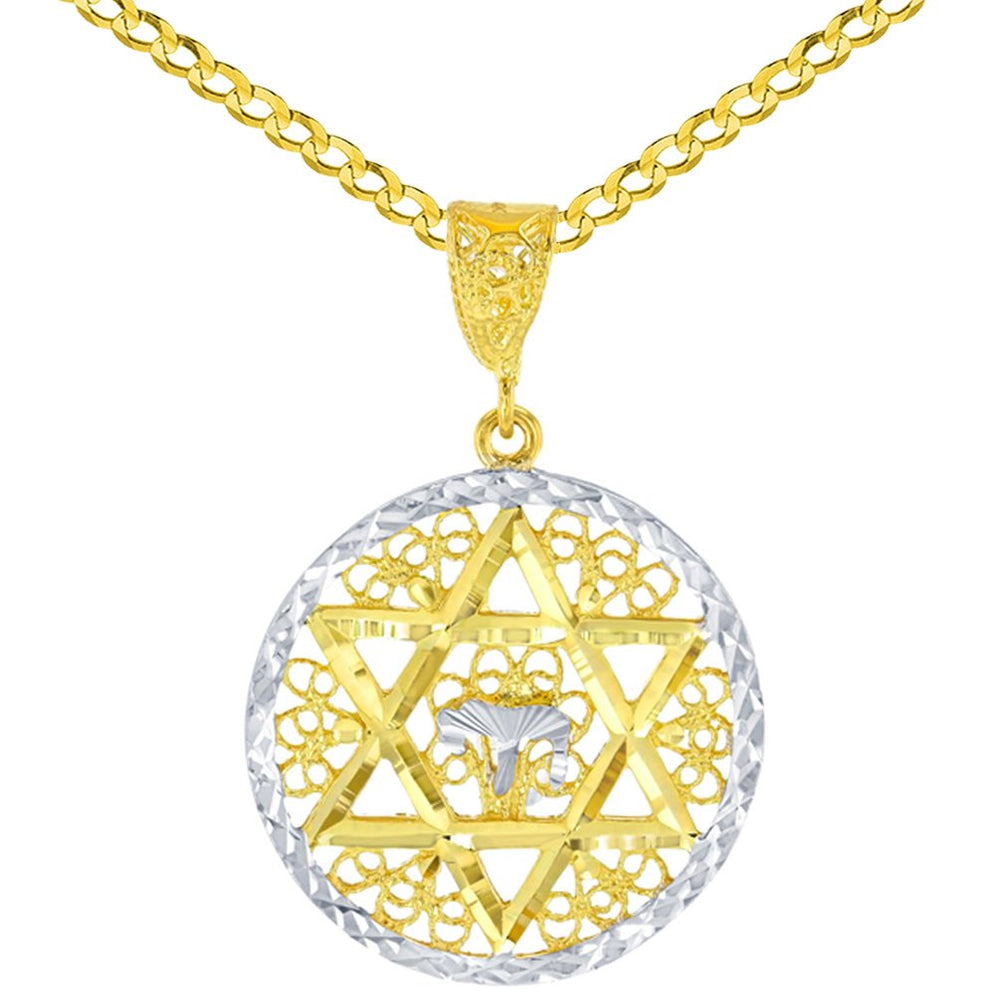 Solid 14K Gold Round Filigree Star of David with Chai Symbol Pendant Cuban Chain Necklace - Yellow Gold