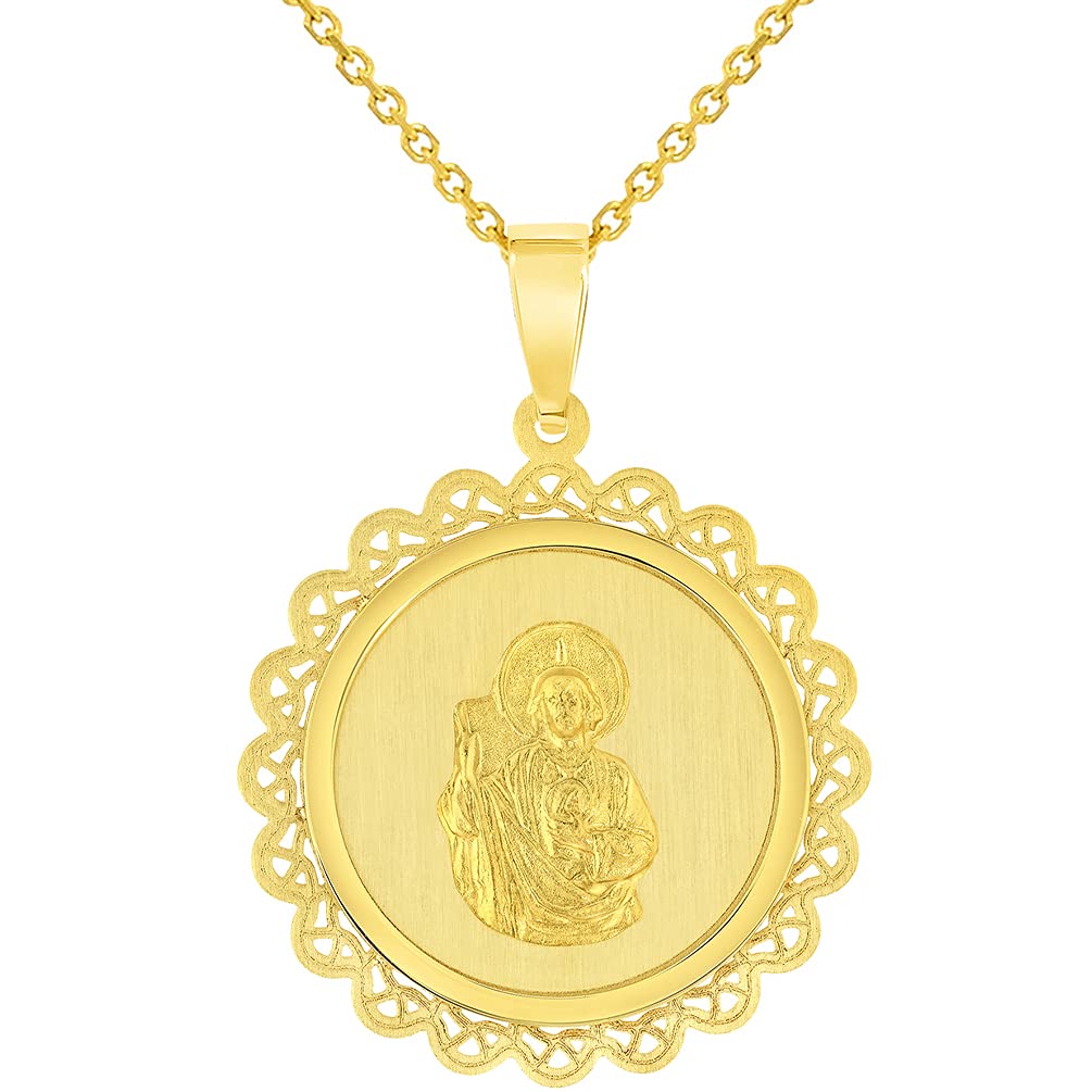 14k Yellow Gold Round Ornate Miraculous Medal of Saint Jude Thaddeus the Apostle Pendant Necklace