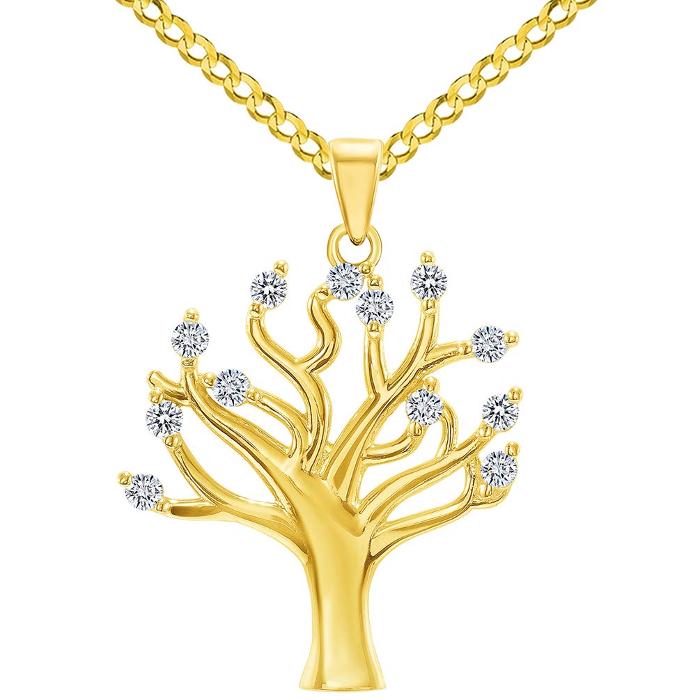 14k Yellow Gold High Polish Cubic-Zirconia Tree of Life Pendant with Curb Chain Necklace