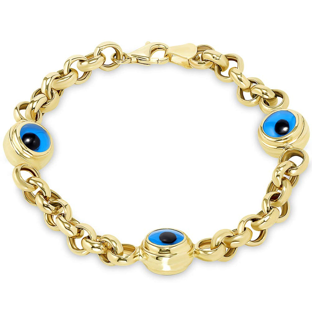14k Solid Yellow Gold Eye of Nazar Blue Evil Eye 6.5mm Rolo Chain Link Bracelet