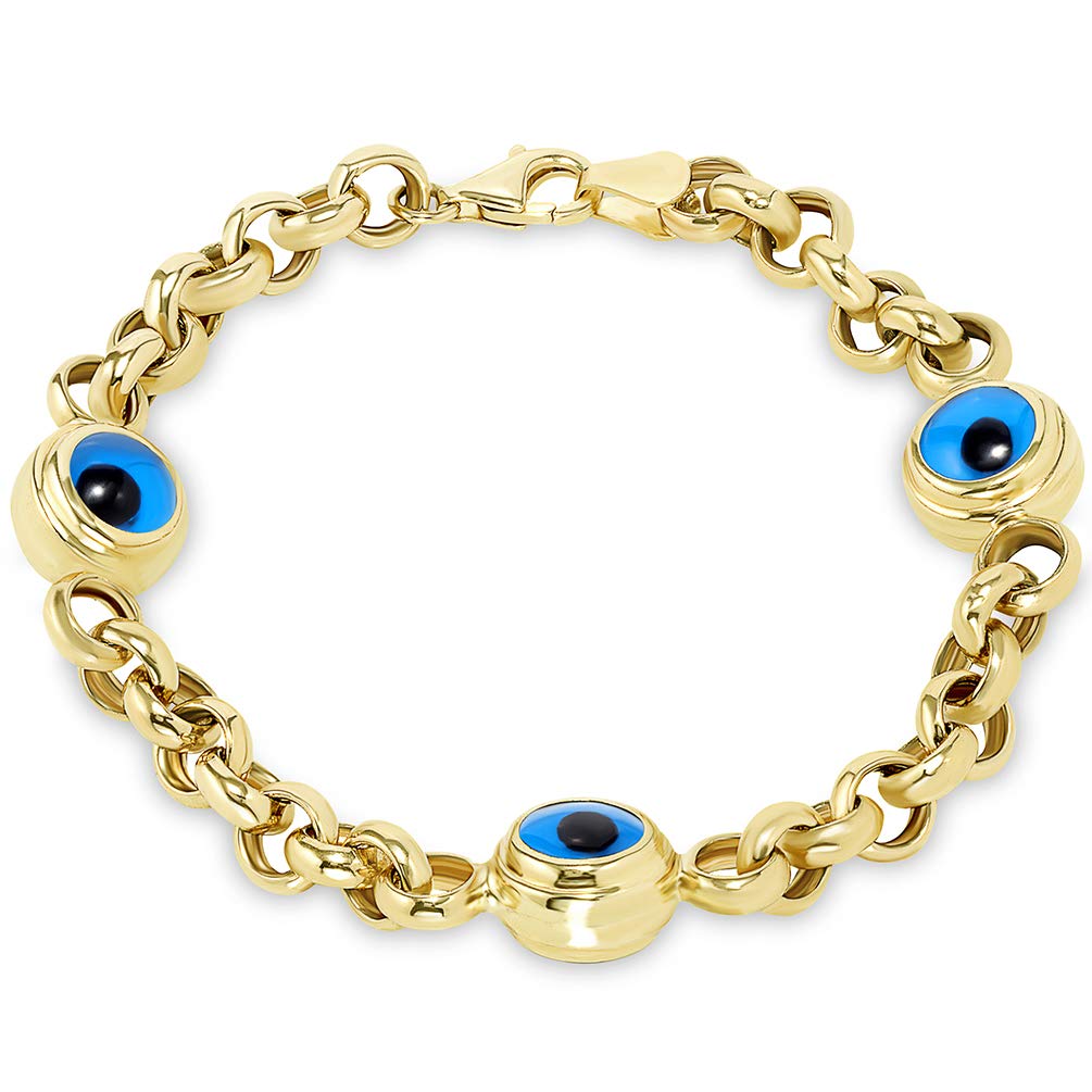 14k Solid Yellow Gold Eye of Nazar Blue Evil Eye 6.5mm Rolo Chain Link Bracelet