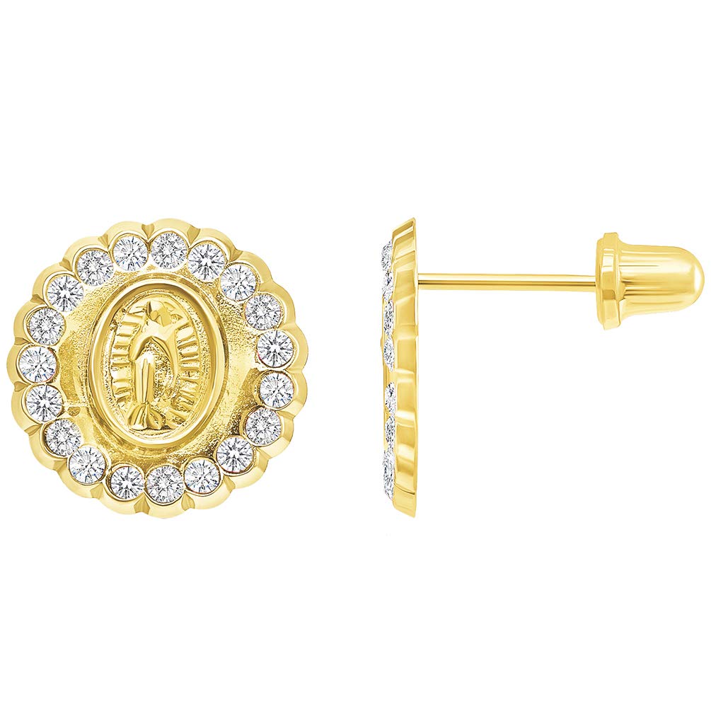 14k Yellow Gold Cubic Zirconia Round Our Lady Of Guadalupe Stud Earrings with Screw Back