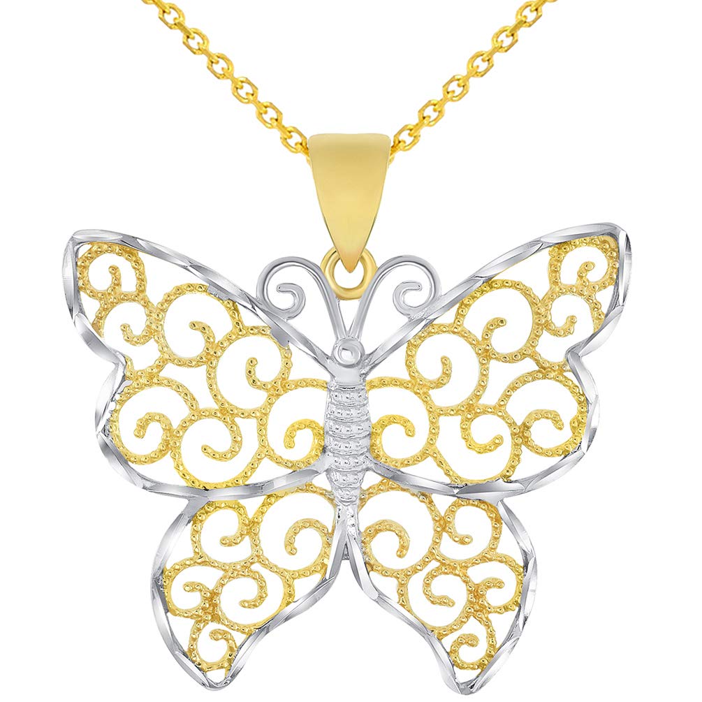 14k Gold Open Filigree Two-Tone Infinity Butterfly Pendant Necklace - Yellow Gold