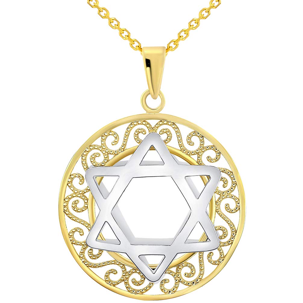 14k Two-Tone Gold 3D Filigree Jewish Star of David Medallion Pendant Necklace