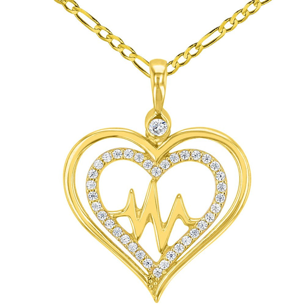 Solid 14K Yellow Gold CZ Double Heart Heartbeat Pendant with Figaro Necklace