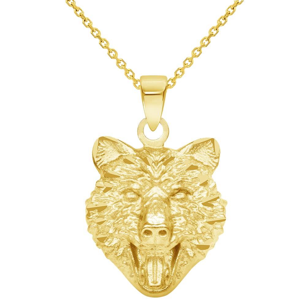 14k Yellow Gold Mini Wolf Head Charm Animal Pendant Necklace