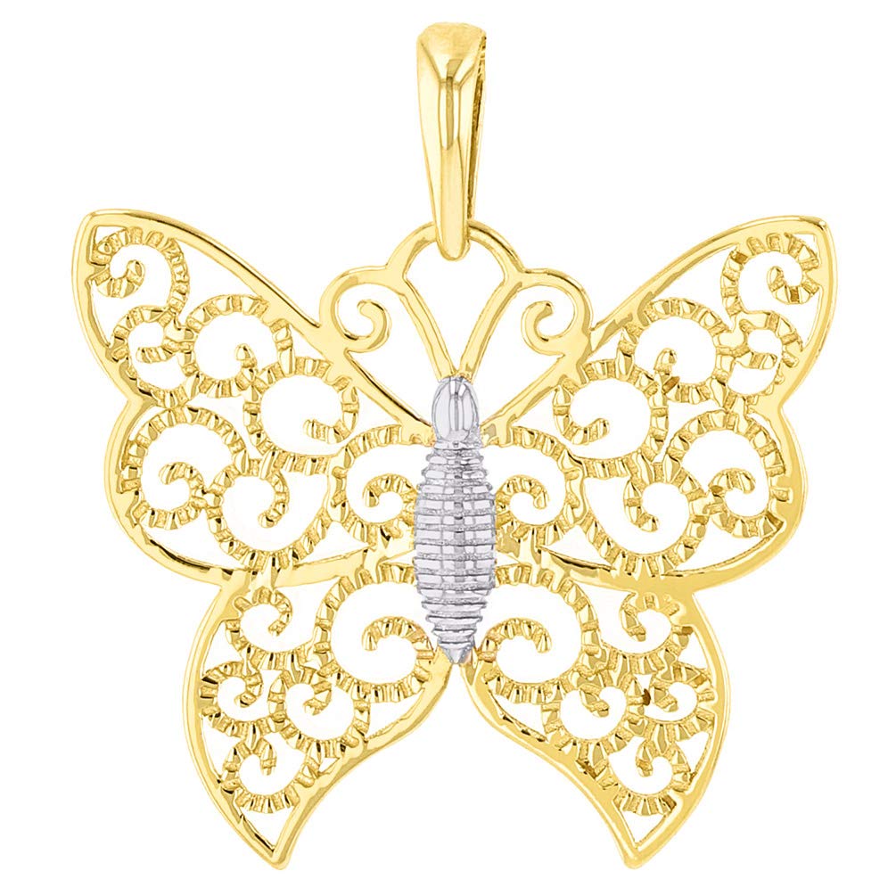 14k Yellow Gold Elegant Filigree Two Tone Butterfly Pendant