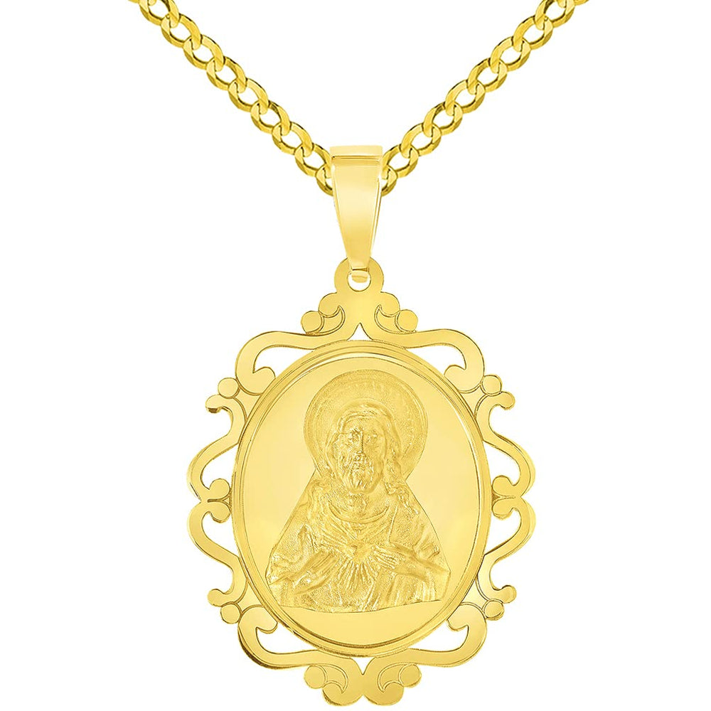 14k Yellow Gold Sacred Heart of Jesus Christ On Elegant Ornate Miraculous Medal Pendant with Cuban Chain Curb Necklace