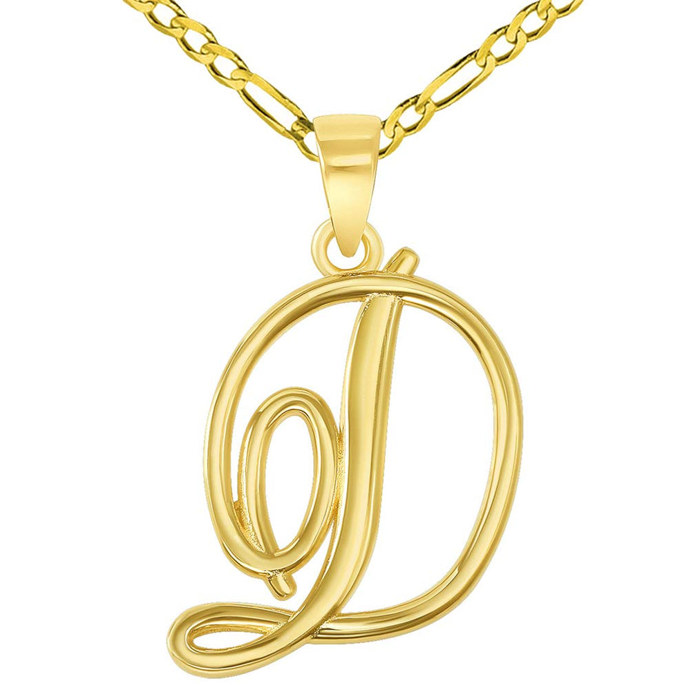 14k Yellow Gold Elegant Script Letter D Cursive Initial Pendant with Figaro Chain Necklace