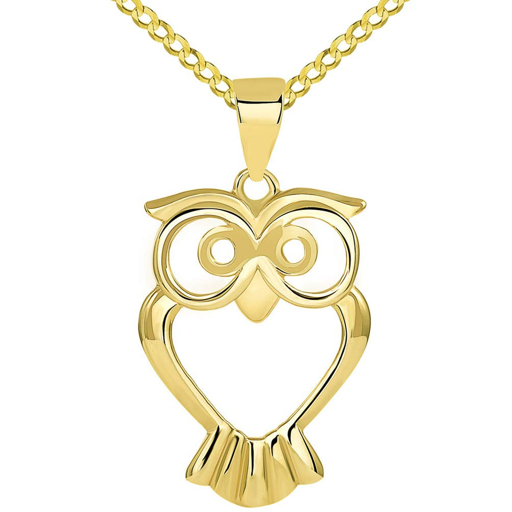 Solid 14K Gold Open Big Eyes Owl Animal Pendant with Cuban Chain Necklace - Yellow Gold