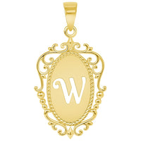 Load image into Gallery viewer, 14k Yellow Gold Elegant Filigree Oval Uppercase Initial W Script Letter Plate Pendant with Curb Chain Necklace
