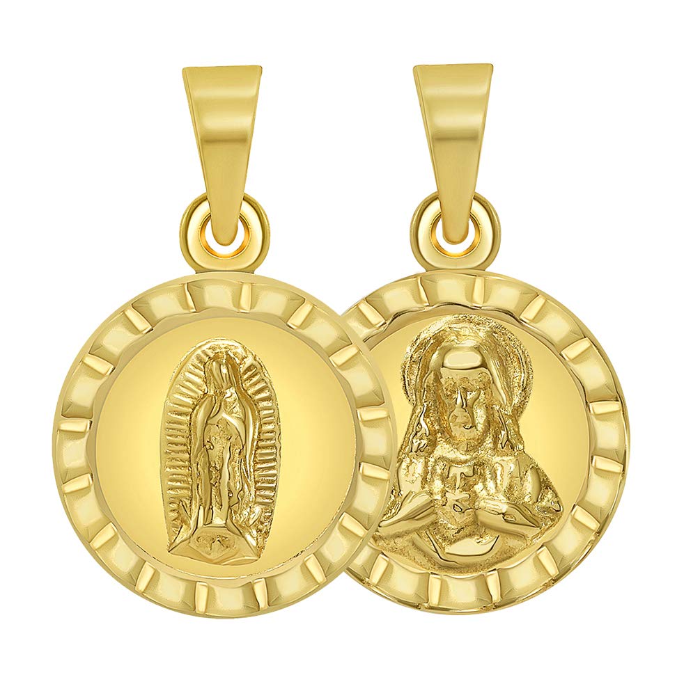 14k Yellow Gold Mini Guadalupe and Sacred Heart of Jesus Medallion Charm Pendant (Reversible)