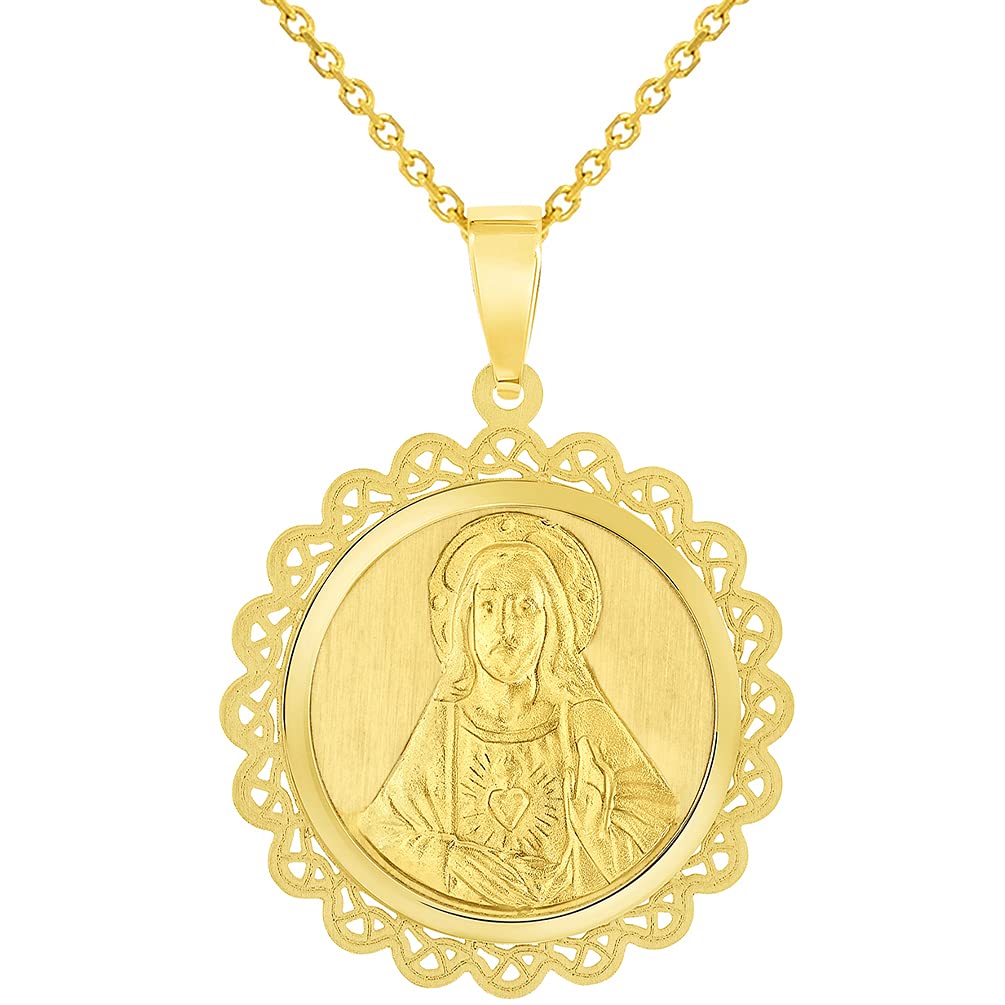 14k Yellow Gold Sacred Heart of Jesus Christ On Round Ornate Miraculous Medal Pendant Necklace