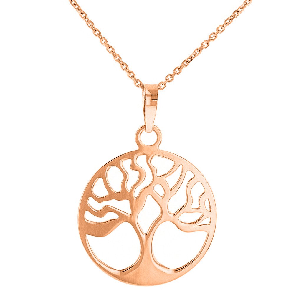 Solid 14k Gold Tree of Life Disk Chain Pendant Necklace - Rose Gold