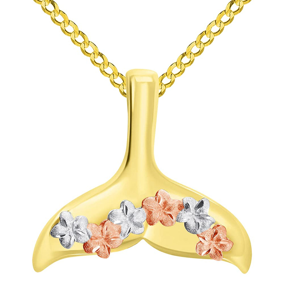 14k Yellow and Rose Gold Tri-Tone Dolphin Tail Fin Hawaiian Plumeria Flowers Pendant Cuban Curb Chain Necklace