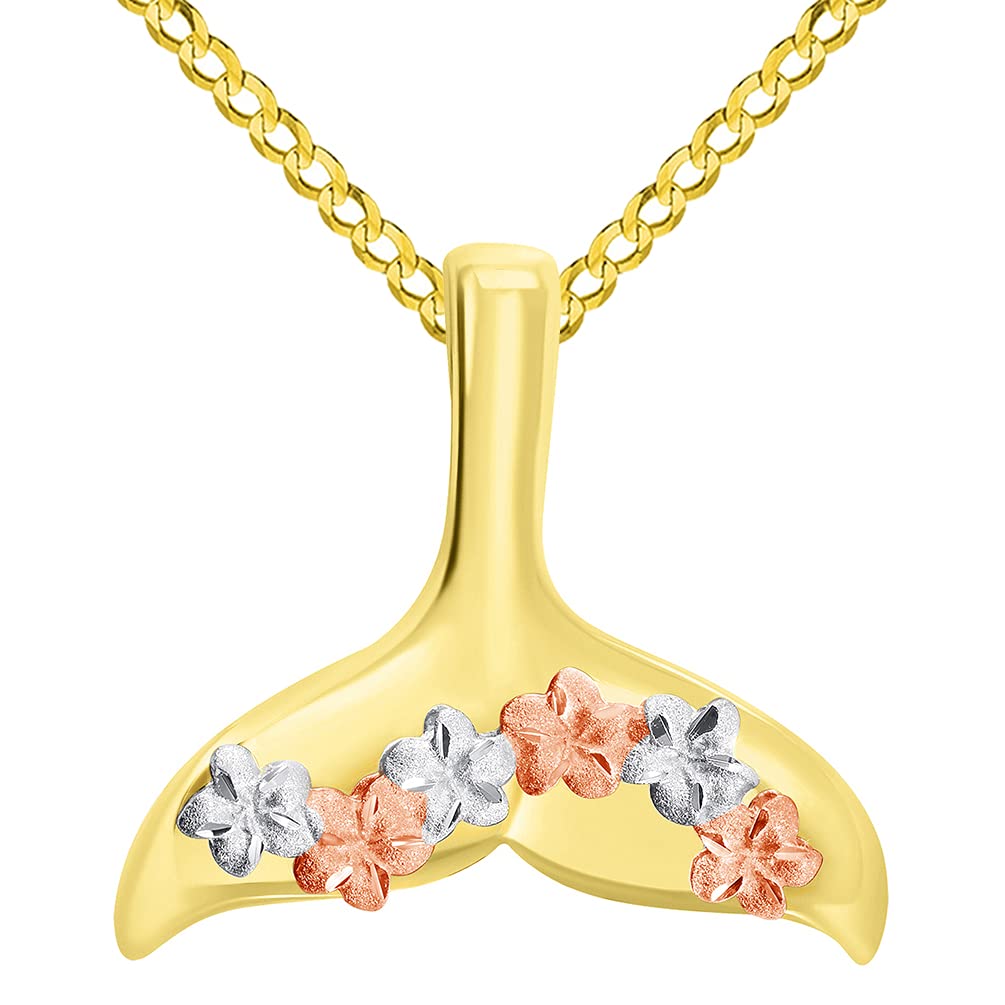 14k Yellow and Rose Gold Tri-Tone Dolphin Tail Fin Hawaiian Plumeria Flowers Pendant Cuban Curb Chain Necklace