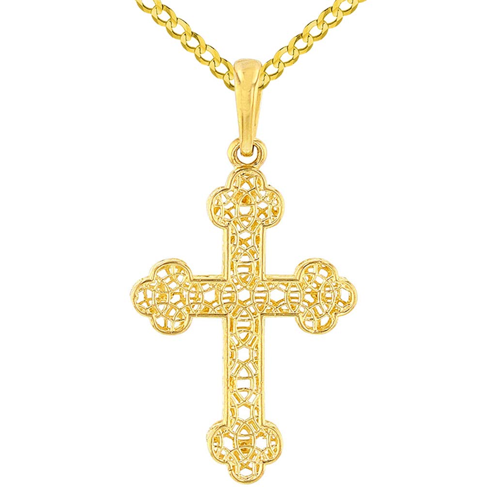 14k Yellow Gold Textured Filigree Eastern Orthodox Cross Pendant with Cuban Concave Necklace