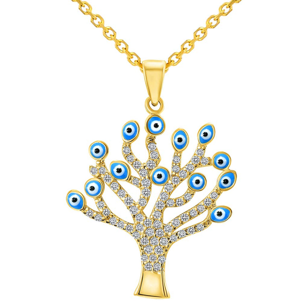 14k Yellow Gold Cubic-Zirconia Blue Evil Eye Tree of Life Pendant Necklace