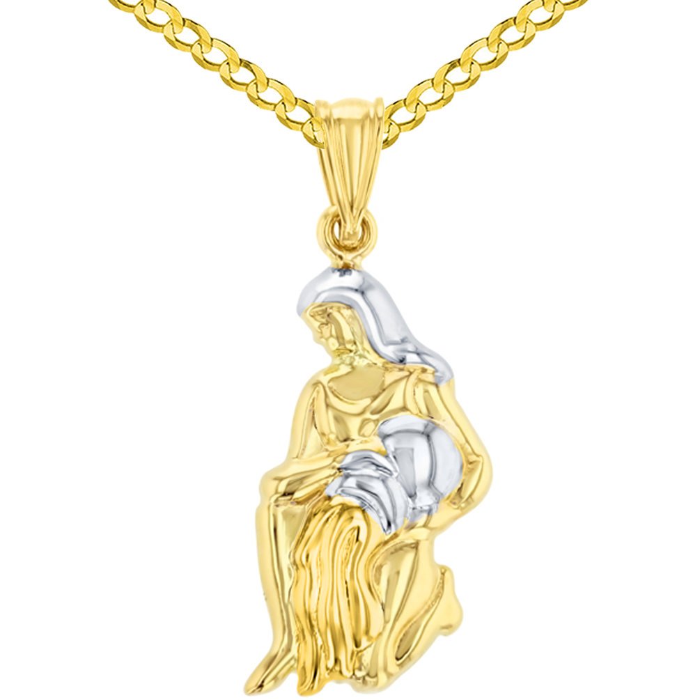 High Polish 14K Yellow Gold Aquarius Zodiac Sign Charm Pendant Cuban Chain Necklace