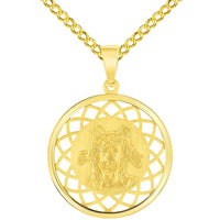 Load image into Gallery viewer, 14k Yellow Gold Holy Face of Jesus Christ On Round Open Ornate Miraculous Medal Pendant with Cuban Chain Curb Necklace

