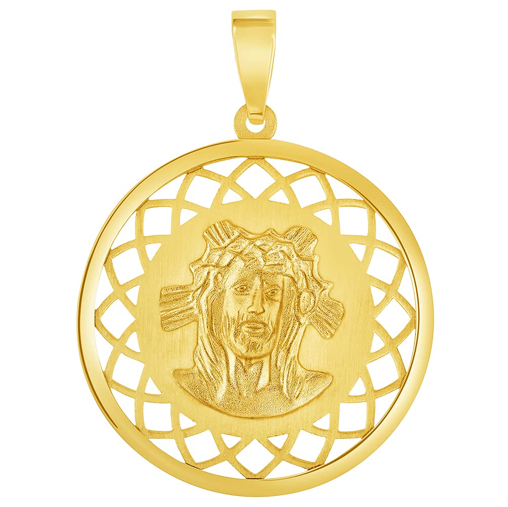 14k Yellow Gold Holy Face of Jesus Christ On Round Open Ornate Miraculous Medal Pendant (1")