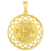 Load image into Gallery viewer, 14k Yellow Gold Holy Face of Jesus Christ On Round Open Ornate Miraculous Medal Pendant with Cuban Chain Curb Necklace
