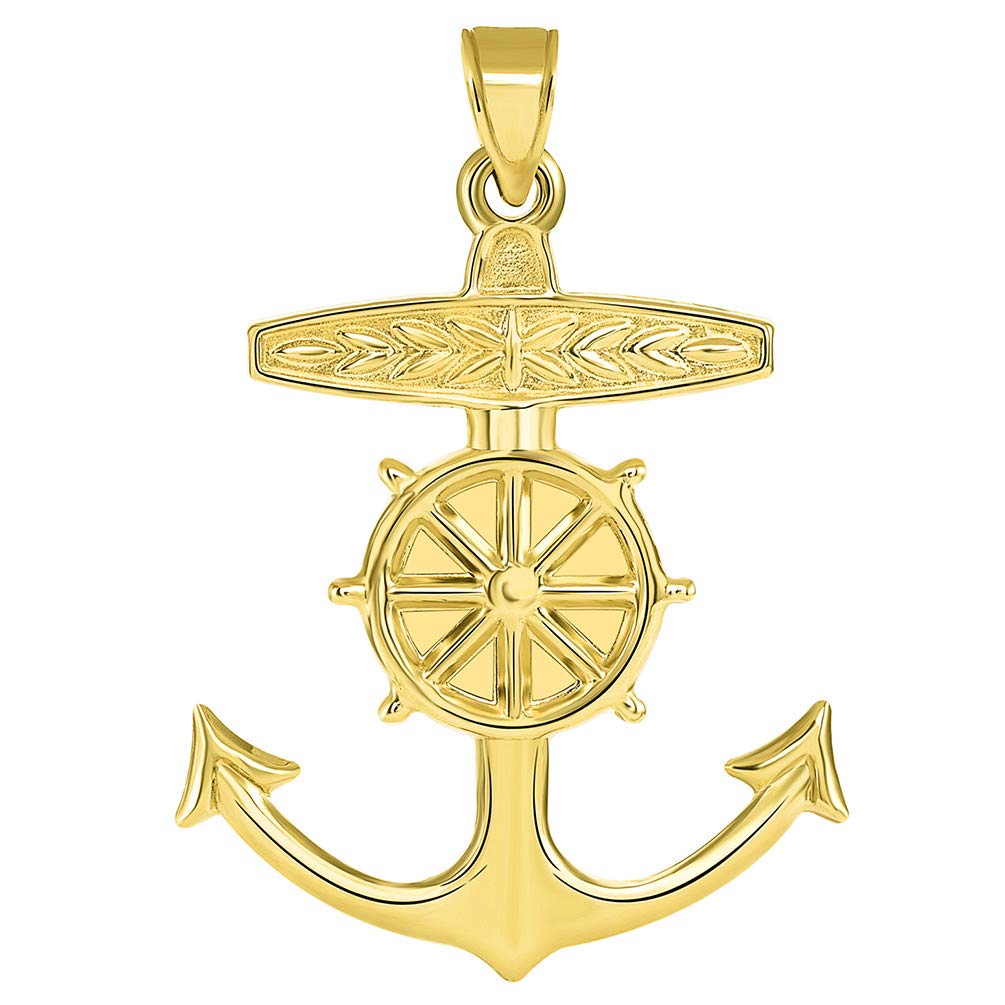 14k Yellow Gold 3D Ship Anchor and Wheel Nautical Pendant