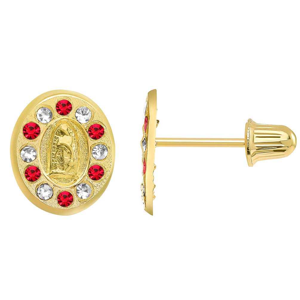 14k Yellow Gold Red and White Cubic Zirconia Oval Our Lady Of Guadalupe Stud Earrings with Screw Back