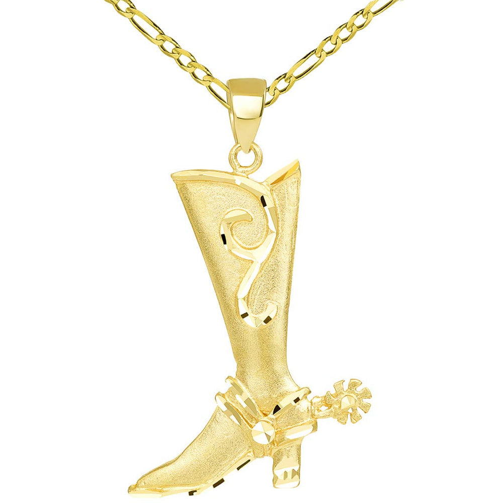 Textured 14k Gold Double Sided Cowboy Riding Boot with Spur Pendant Figaro Necklace - Yellow Gold