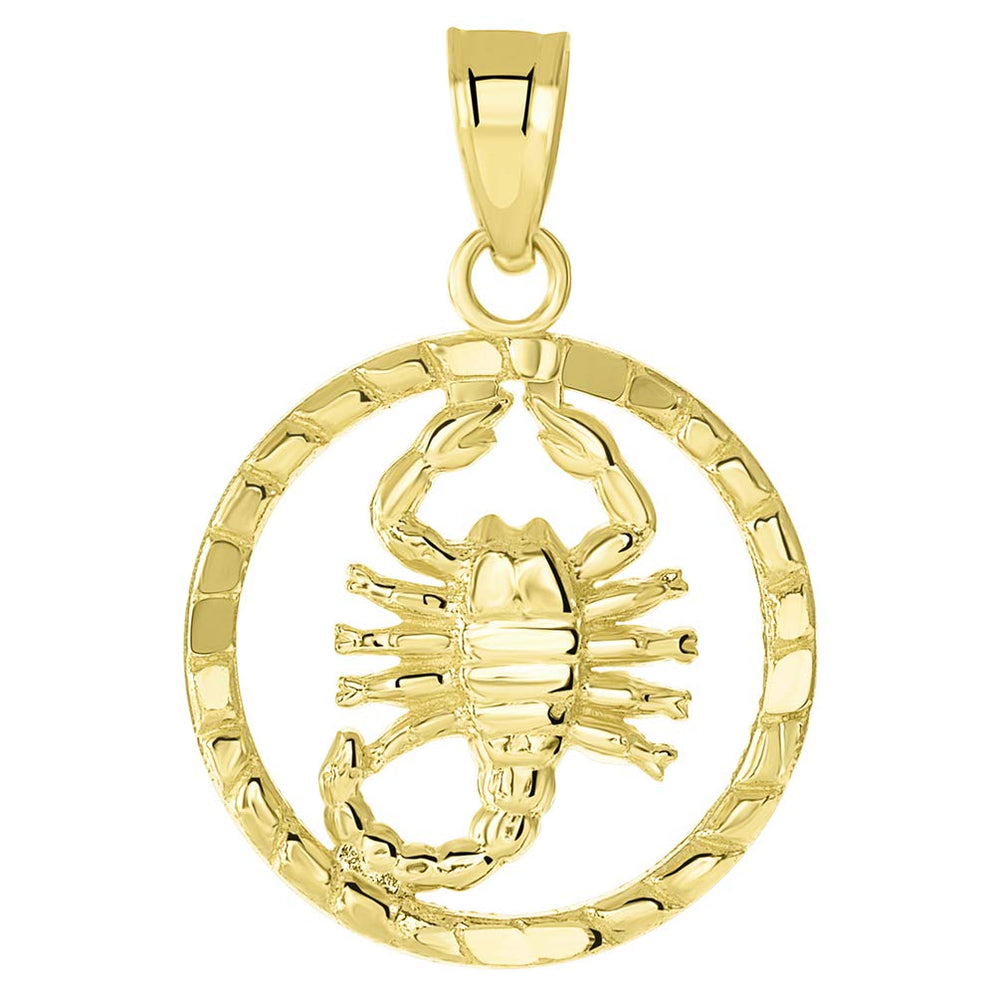 14k Yellow Gold Textured Round Scorpion Charm Scorpio Zodiac Pendant ( Small )