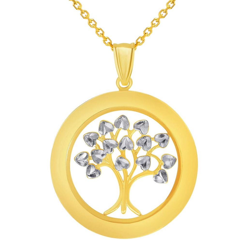 14k Yellow Gold Round Two Tone Tree of Life Medal Pendant Necklace