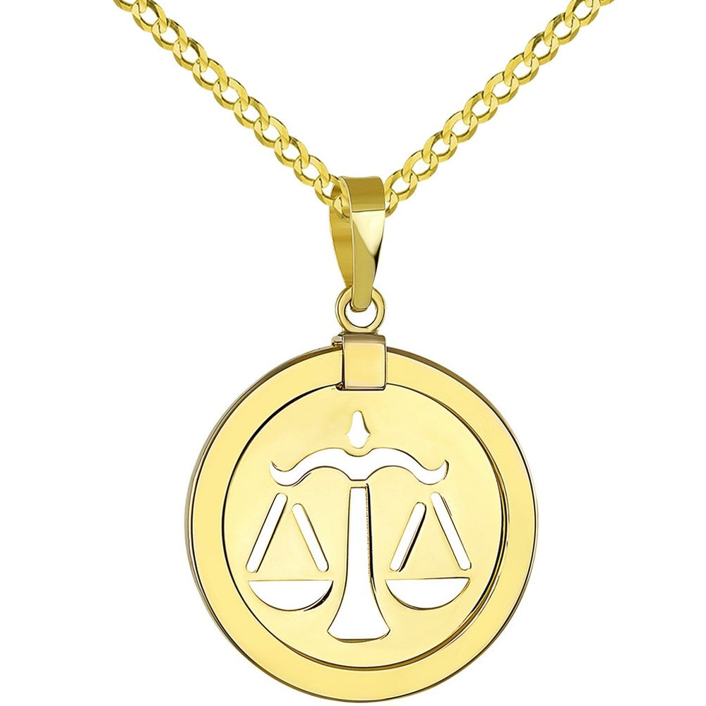 14k Yellow Gold Reversible Round Libra Scale Zodiac Sign Pendant Cuban Chain Medallion Necklace