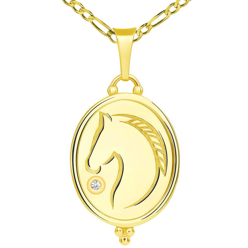 Hand Engraved 14k Gold CZ Solitaire Stallion Horse Oval Medallion Pendant with Figaro Chain Necklace - Yellow Gold