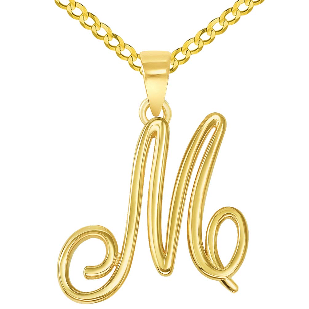 14k Yellow Gold Elegant Script Letter M Cursive Initial Pendant with Concave Cuban Link Curb Chain Necklace